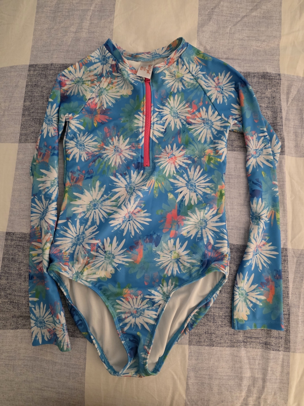 Cat & Jack Blue Floral Long-Sleeve Swimsuit with Pink Zipper